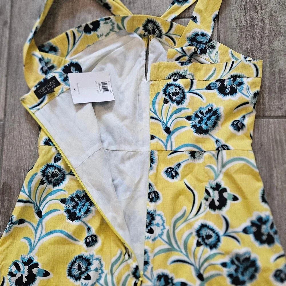 Topshop Mini Dress Size 6 Yellow NEW Floral Halter Cross Front Sundress Mod 60s